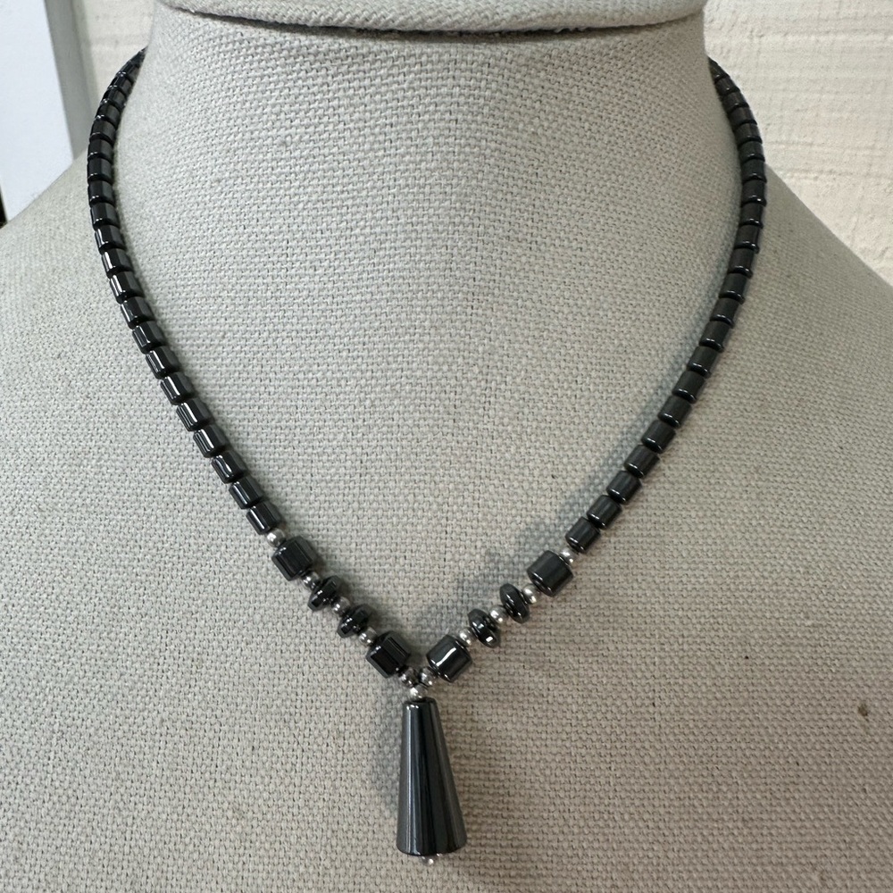 Minimalist barrel bead hematite necklace